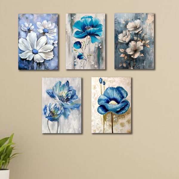 Set Of 5 Blue Flowers Wooden Art
