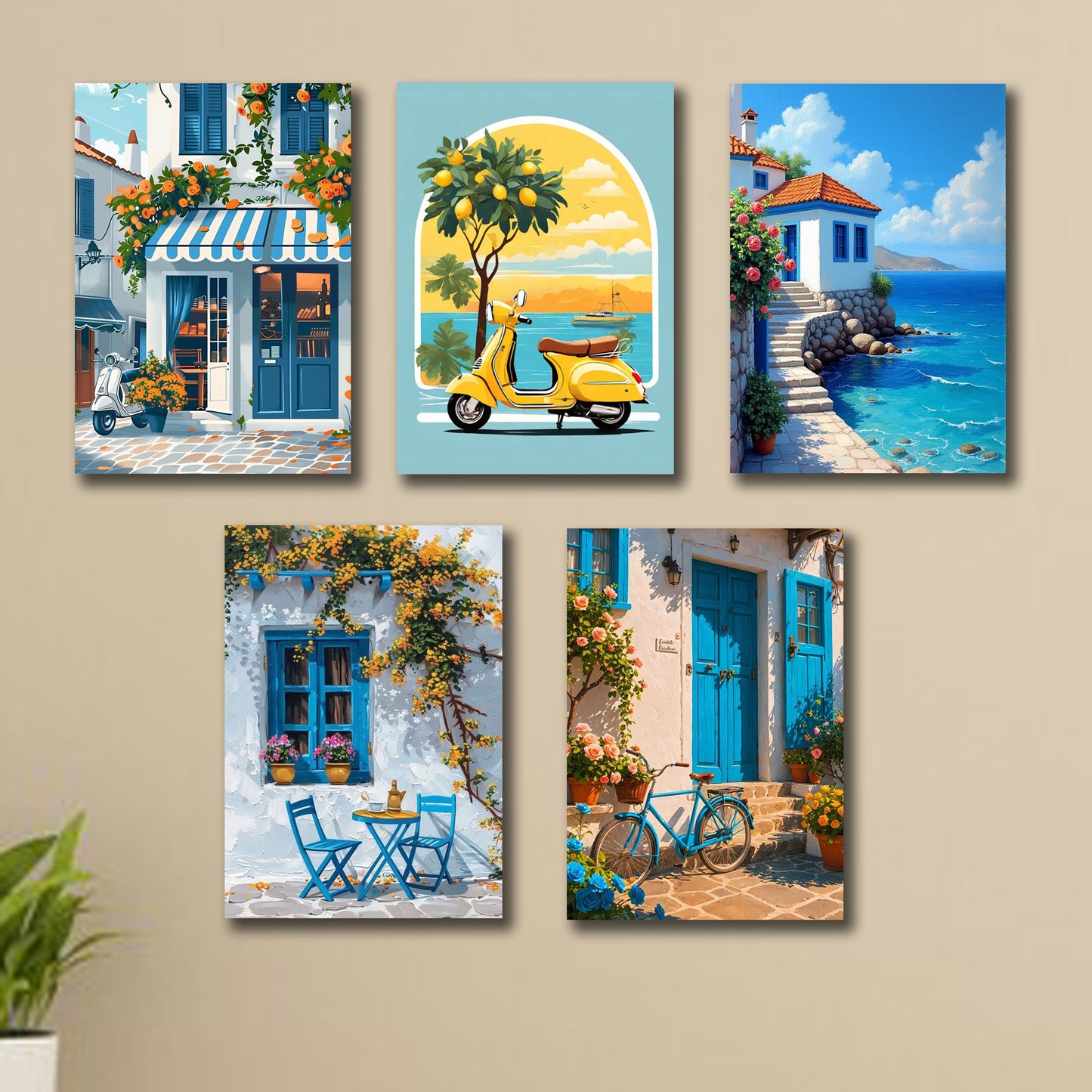 Set Of 5 Italian Vintage Homes Art