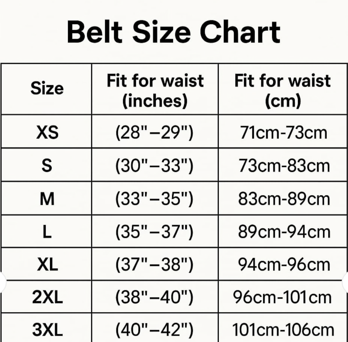 Size chart for Women Belly Belt Body Shaper