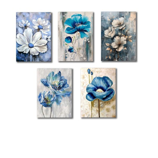 Set Of 5 Blue Flowers Wooden Art