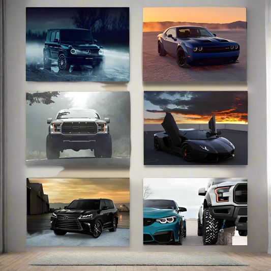 Set Of 6 Sports Car Wooden Art