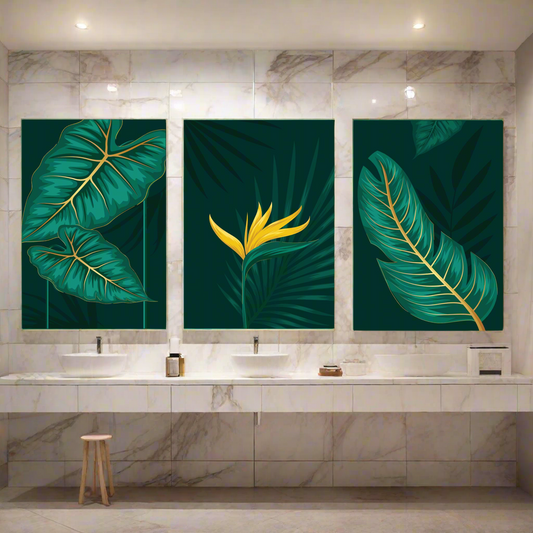 Set of 3 Green Flowers Wall Art