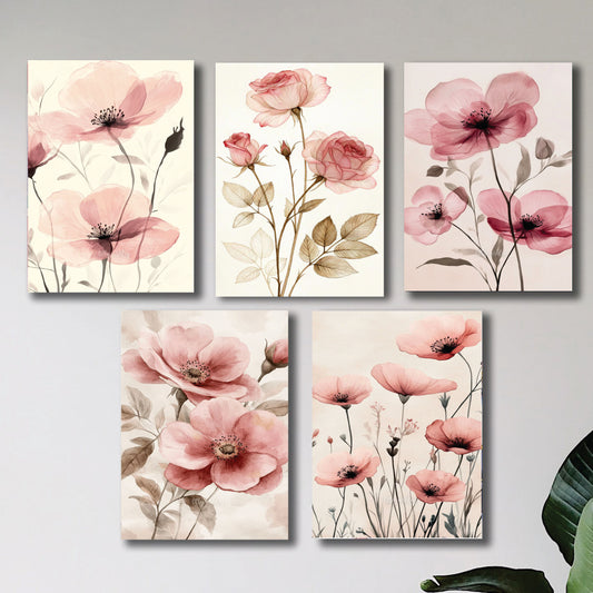 Set of 5 Pink Flowers Art
